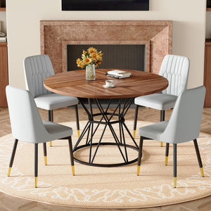 English Elm Table and Chair Set Round Tempered Glass Top Gold X Base with 4 Pu Dining Seats W1151S04839