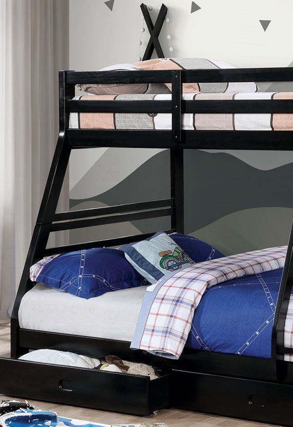 English Elm Twin Over Full Bunk Bed With Built-In Drawers, Solid Wood Construction, Attached Ladder In Black Finish B2741S00340-GIGA