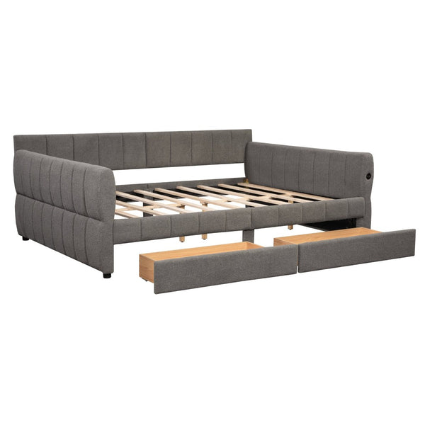 English Elm Queen Lambswool Platform Bed with Usb Charging Armrests and Under Storage Drawers Gray N7500000601E