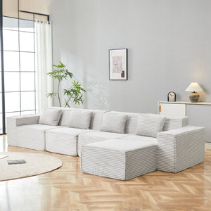 English Elm L-shaped Modular Sectional with Ottoman Corduroy Upholstery Four Seat Living Room Sofa Light Gray W2699S00093
