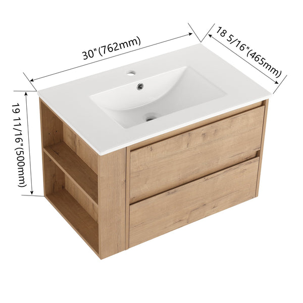 English Elm 30" Wall-Mount Bathroom Vanity With Ceramic Sink, Soft-Close Drawers & Configurable Side Shelf W999S00206