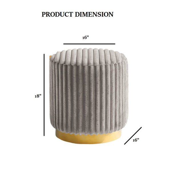 English Elm Gray Channel‑Tufted Round Accent Stool with Gold Stainless Steel Plinth Base, Plush Fur Fabric, 16" B2741P388368