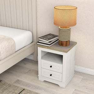 English Elm Farmhouse Rustic Nightstand with 2 Drawers and Open Shelf, Sturdy Wood-End Table for Bedroom Charm White+Oak 22.44 L x 20.79 W x 6.89 H W3151P264505