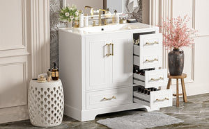 English Elm 36" Traditional Bathroom Vanity with Ceramic Sink, Solid Wood Cabinet, Soft-Close Doors & Drawers White N729P251630K
