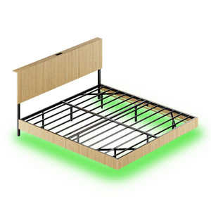 English Elm Oak Queen Floating Bed Walnut Finish Wavy Headboard Led Lighting Built in Charging W1820P408091