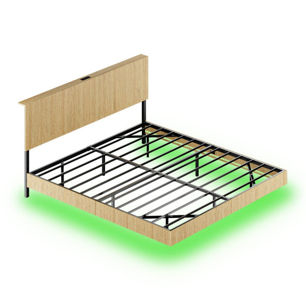 English Elm Oak Queen Floating Bed Walnut Finish Wavy Headboard Led Lighting Built in Charging W1820P408091