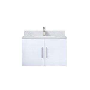 English Elm Glossy White Bath Vanity 30" W x 22" D with Carrara Marble Top, Soft-Close Storage & Chrome Faucet Set B2731P258590