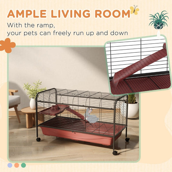 English Elm Pawhut Multi-level Rabbit Ferret Enclosure Steel Frame Rolling Wheels Feeder Ramp W2225P229487