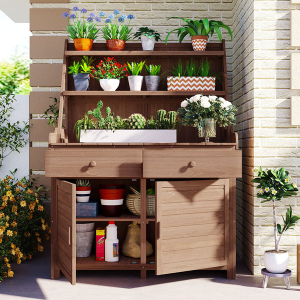 English Elm [Assembly 65inch Garden Potting Bench Table Fir Wood Workstation with 3-Tier Shelves Drawers Cabinet for Organization and Durability Brown N717P220217D