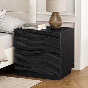 English Elm Farmhouse Nightstand Pine Wood Four Drawer Storage with Pull Out Tray Gourd Legs Black W1716P391009