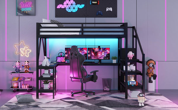 English Elm Metal Full Loft Bed with L Shaped Desk Wardrobe Rgb Lighting and Usb Charging Black W2593S00053