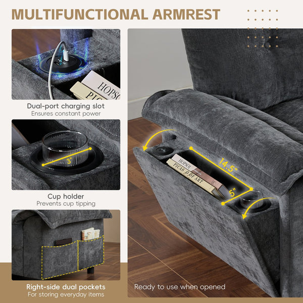 English Elm 104*60" Sectional Sofa with Hidden Ottoman Storage, Tufted Chenille, USB Ports, Cup Holder Dark Gray N723S9806E