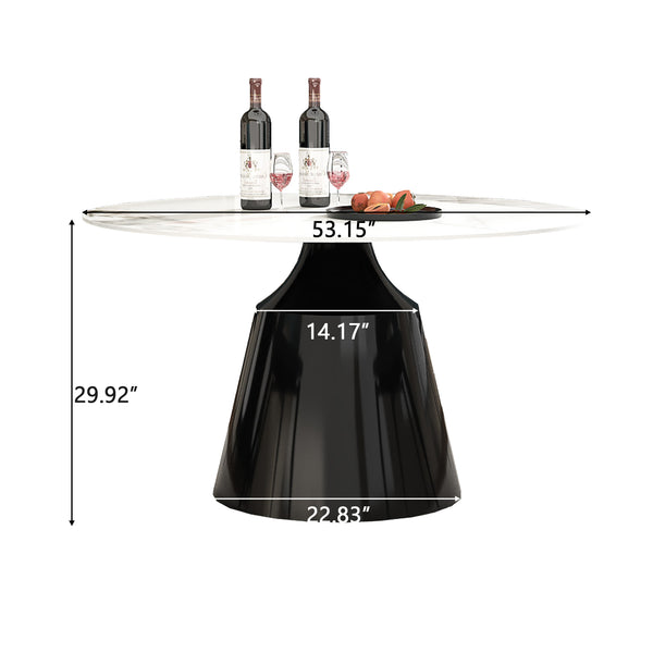 English Elm 53" Marble Round Dining Table with Sintered Stone Top and Stainless Steel Cone Base, Durable Elegance Black,White Marble W2700S00001