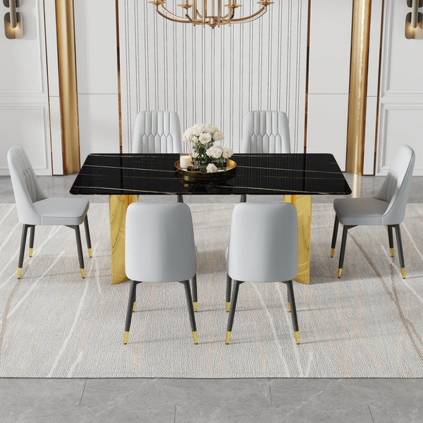 English Elm Table With Glass Top & Faux Marble, 6 Light Gray Chairs With Pu Cushions, Gold & Black Legs Set W1151S04334-GIGA
