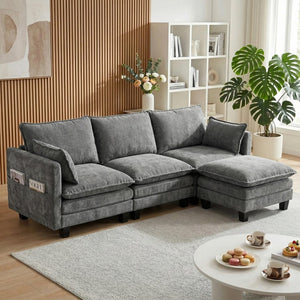 English Elm Modern Chenille Three Seat Sofa with Ottoman Usb Charging Ports and Storage Pockets Dark Grey W2519S00003