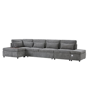 English Elm [video]107'' Chenille Sleeper Sectional with Usb Charging Storage Ottoman and Adjustable Armrest Gray N723S8782E