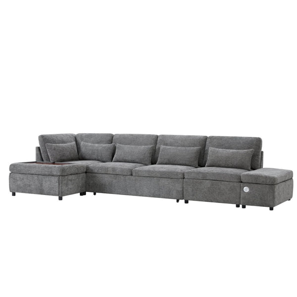 English Elm [video]107'' Chenille Sleeper Sectional with Usb Charging Storage Ottoman and Adjustable Armrest Gray N723S8782E