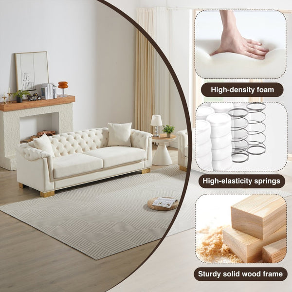 English Elm 3-seater and 2-seater Chesterfield Velvet Sofa Set with Tufted Back Gold Stud Trim Beige W1926S00102