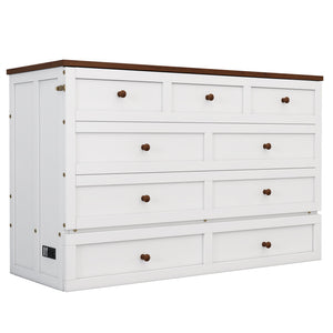 English Elm Solid Pine Murphy Bed Chest with Built-In Charging Station, Large Storage Drawer, Space-Saving Design White+Walnut 59.06 L x 24.8 W x 5.31 H BS701P176340K