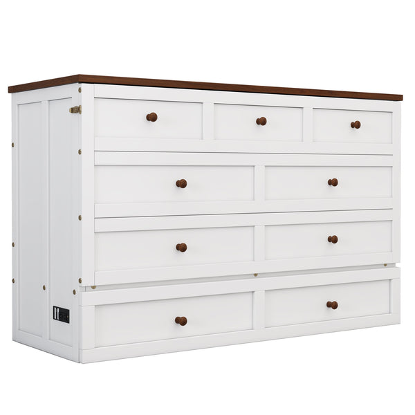 English Elm Solid Pine Murphy Bed Chest with Built-In Charging Station, Large Storage Drawer, Space-Saving Design White+Walnut 59.06 L x 24.8 W x 5.31 H BS701P176340K
