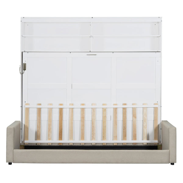 English Elm Queen Murphy Wall Bed with Integrated Sofa Linen Upholstered for Studio Apartments White LP000892AAK-1