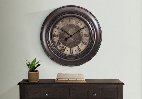 English Elm Clocks, 30" Oversized Round Wall Clock In Rustic Brown - Stylish Quartz Movement & Roman Numerals B2710P287070