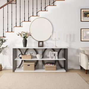 English Elm 3-Tier Industrial Console Table with Circular Frame Design, 70.87" Long Narrow Entry Shelf for Hallway White+gray W2317P230074