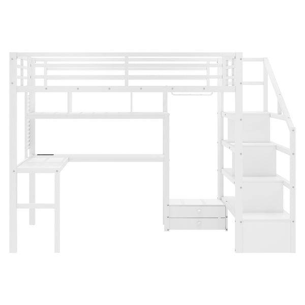 English Elm Full Size Loft Bed With Integrated Led, Workspace & Storage, Stylish Metal Frame For Kids' Rooms W2593S00018