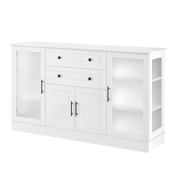 English Elm U-style Modern Buffet Sideboard with Acrylic Doors Power Outlet and Adjustable Storage White N711P437648K