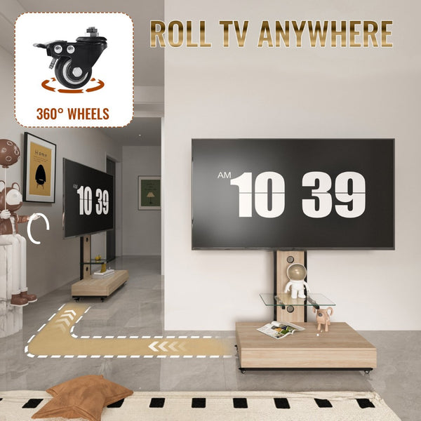 English Elm Tv Rolling Cart with Swivel Mount Lockable Wheels Pull Out Drawer Iron Frame Natural W241P246881