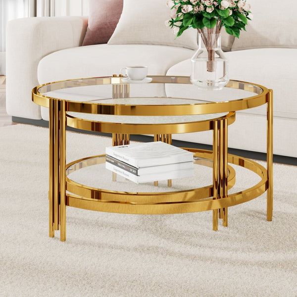 English Elm Modern Nesting Coffee Table Set Textured Tempered Glass Gold Tripod Base Living Room N735P354005A