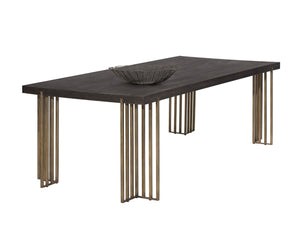 Sunpan ALTO Dining Table - 94.5" Oak Veneer with Distressed Finish, Antique Brass Legs, Seats 8 Comfortably 102947
