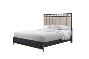English Elm Queen Upholstered Headboard Bed Walnut Veneer Frame Transitional Bedroom Furniture B2699S00087