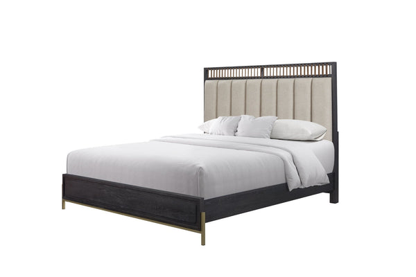 English Elm Queen Upholstered Headboard Bed Walnut Veneer Frame Transitional Bedroom Furniture B2699S00087