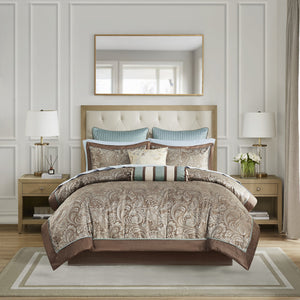 English Elm 12 Piece Comforter Set - Luxurious Blue & Taupe Bedding With Cotton Sheets For Queen Size Beds B035128822