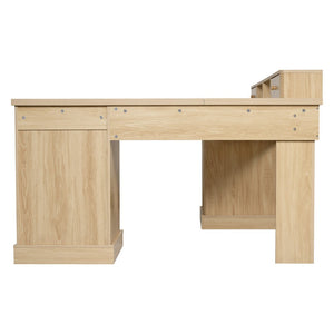 English Elm 59" Fluted Oak L-shaped Corner Desk with Charging Station Monitor Stand and File Storage Light Oak W2917S00005