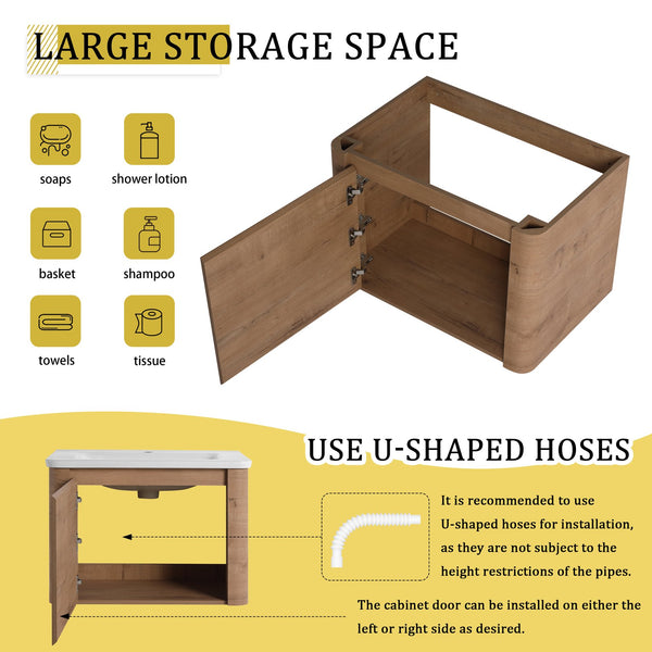 English Elm 52'' Wall-Mounted Vanity with White Ceramic Sink, Soft-Close Door, Plywood Shelves & Rounded Edges Imitative Oak W999S00431