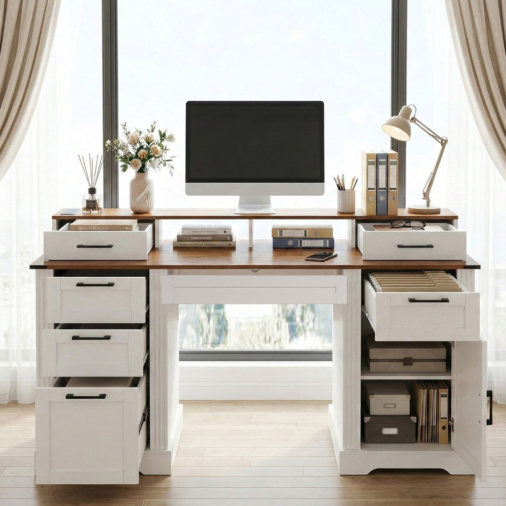 English Elm 59" Fluted Oak L-shaped Corner Desk with Charging Station Monitor Stand and File Storage White W2917S00006
