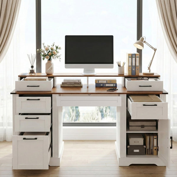 English Elm 59" Fluted Oak L-shaped Corner Desk with Charging Station Monitor Stand and File Storage White W2917S00006