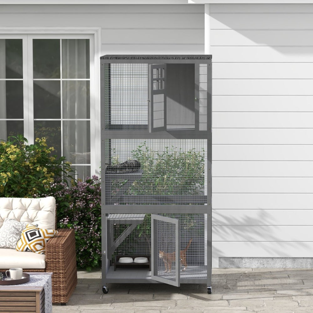 English Elm Pawhut Weatherproof Wooden Catio Outdoor Cat Enclosure with Wheels Multi-level Design W2225P229469