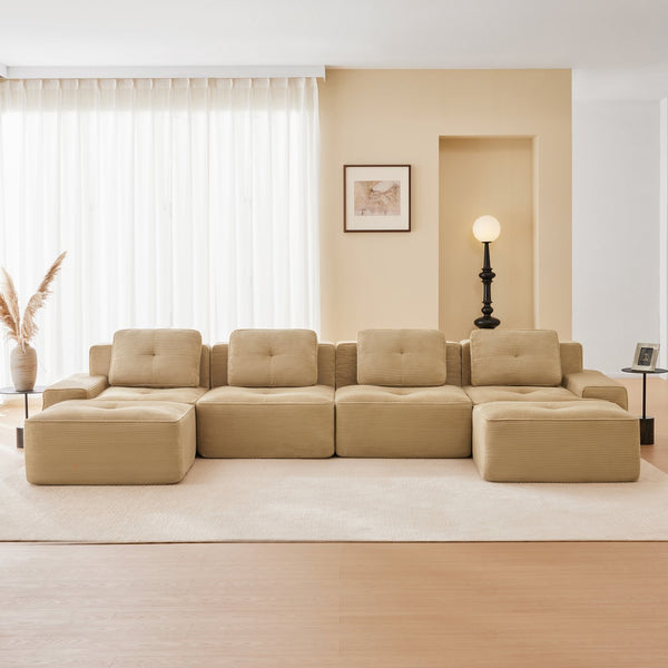 English Elm 153" Luxurious U-Shaped Modular Sectional Sofa, Soft Corduroy, 4-Seater With Movable Ottomans, Anti-Slip W714S01473