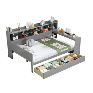 English Elm Wooden Twin Daybed with Trundle Built-in Desk and Open Shelves for Kids Rooms Gray N733S373385E