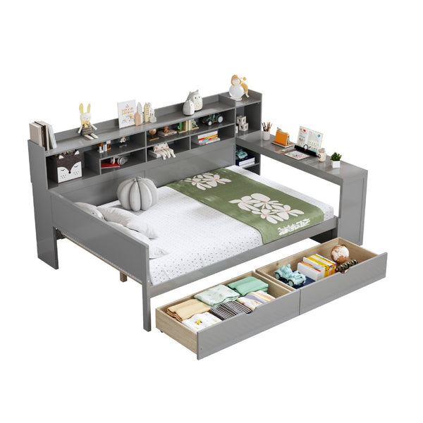 English Elm Wooden Twin Daybed with Trundle Built-in Desk and Open Shelves for Kids Rooms Gray N733S373385E