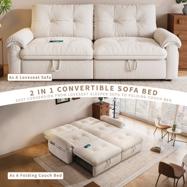 English Elm It 77-inch convertible velvet sofa bed, 2-in-1 loveseat to guest bed with steel frame, high-resilience foam comfort Beige W3820S00014