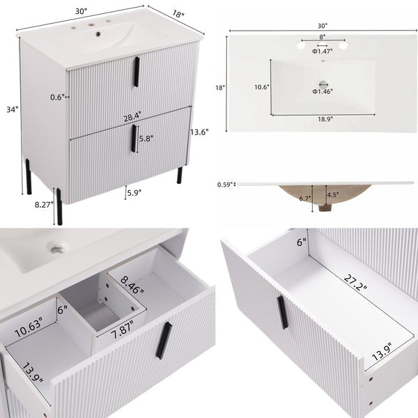 English Elm Christopher Knight Home® - 30" Elegant Bathroom Vanity With Ceramic Sink, Soft-Close Drawers & Fluted Design In Timeless White N817P295761W