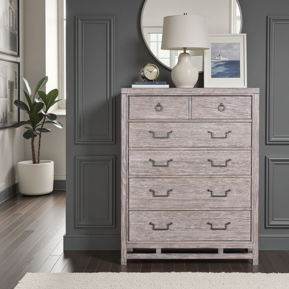 English Elm Fusion Oak Veneer Five Drawer Chest Soft Close Storage Antique Brass Bedroom Dresser B108P411436