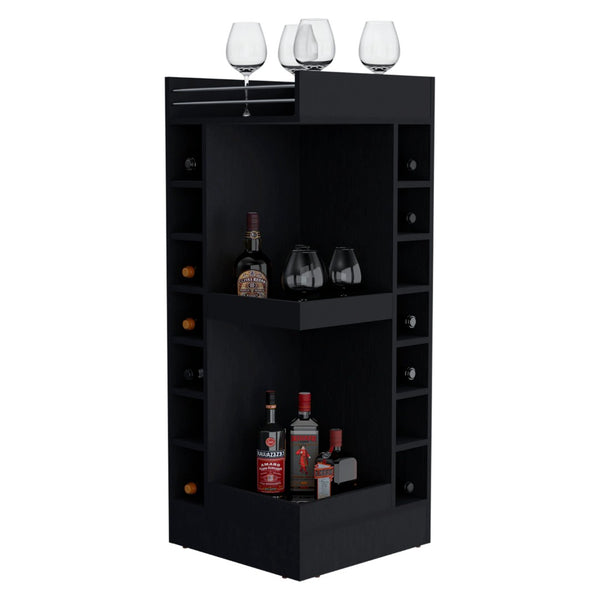 English Elm Wenge Corner Bar Cabinet With Integrated Wine Rack & Open Shelves For Stylish Home Storage Solutions B062P290260-GIGA