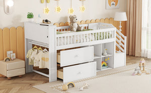 English Elm Twin Loft Bed with Built-In Stairs, Shelves, Hanging Rod & 2 Drawers for Space-Saving Kids Room White 45.87 L x 18.5 W x 10.83 H W2593S00004