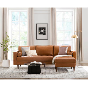 English Elm Mid-Century Cognac Tufted Leather Sectional with Reversible Chaise, Solid Wood Legs & Cushions B193P200175