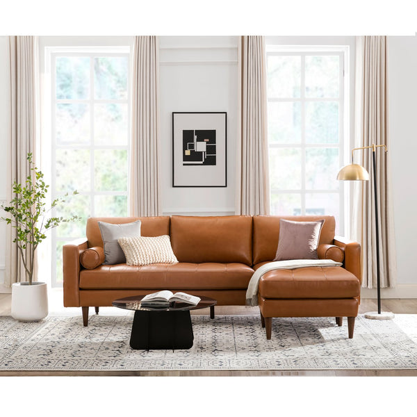 English Elm Mid-Century Cognac Tufted Leather Sectional with Reversible Chaise, Solid Wood Legs & Cushions B193P200175